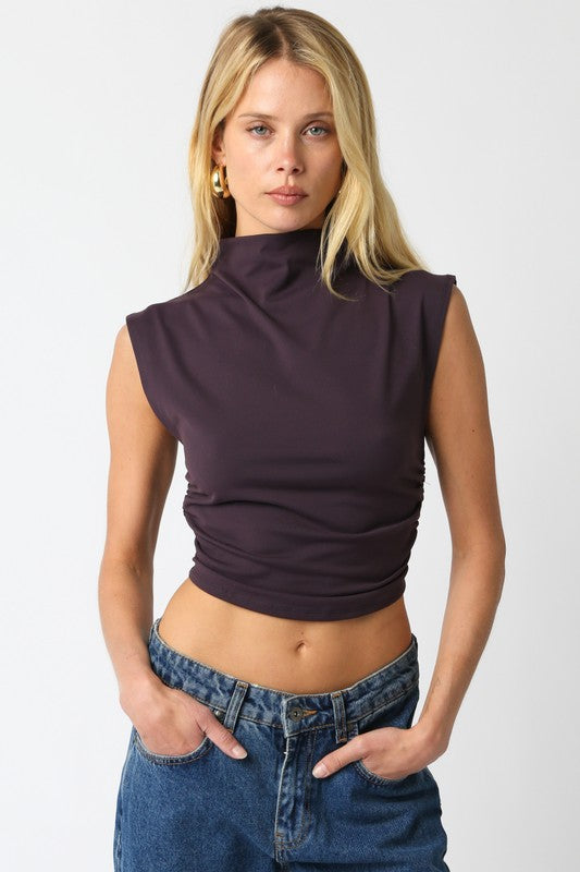 Cool Girl Mock Neck Ruched Sleeveless Crop Top with Side Ruching