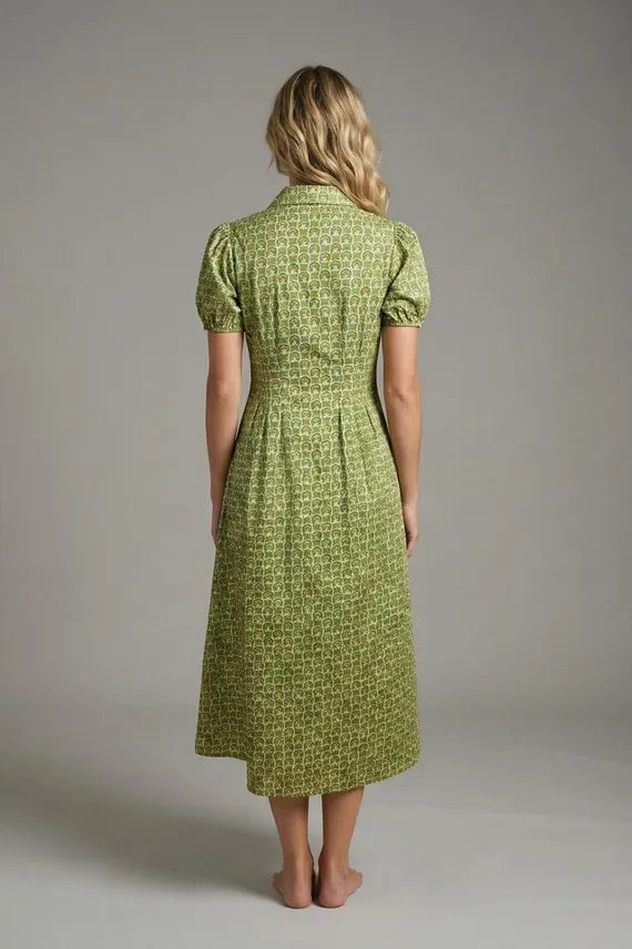 Sage & Sound Green Floral Print Button-Front Midi Shirtdress with Puff Sleeves