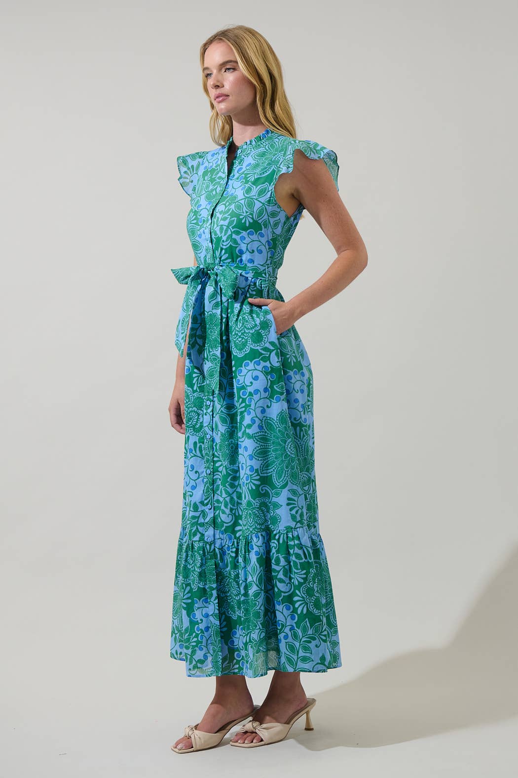 In Full Bloom Blue and Green Floral Maxi Dress with Flutter Sleeves, Tie Waist, and Tiered Skirt