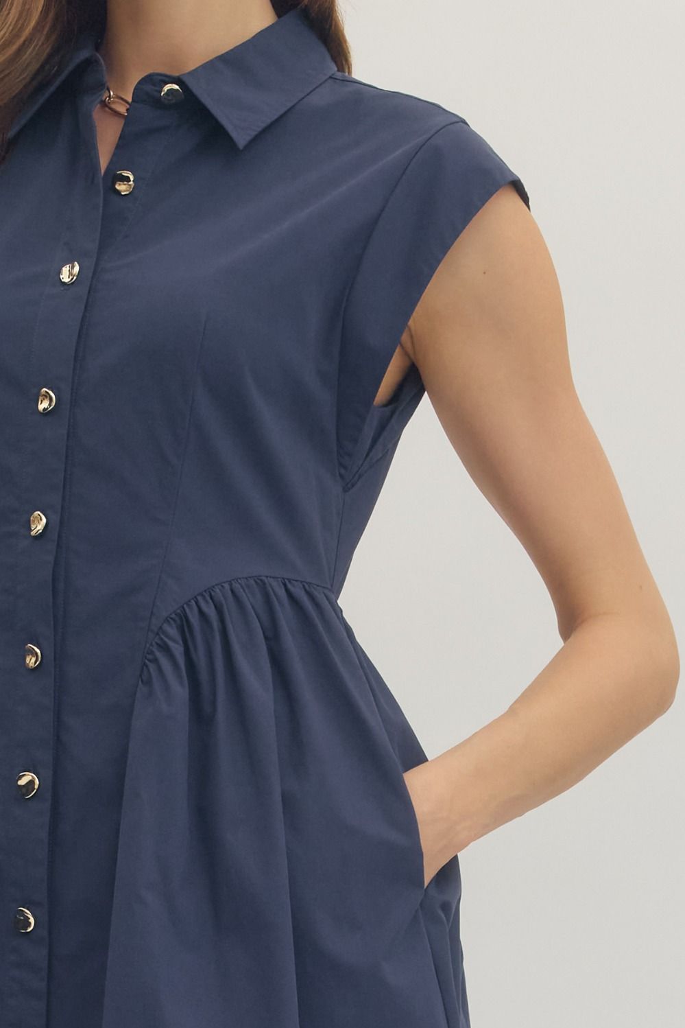 Show Me the Way Collared Midi Dress with Button Front, Cap Sleeves, and Side Pockets
