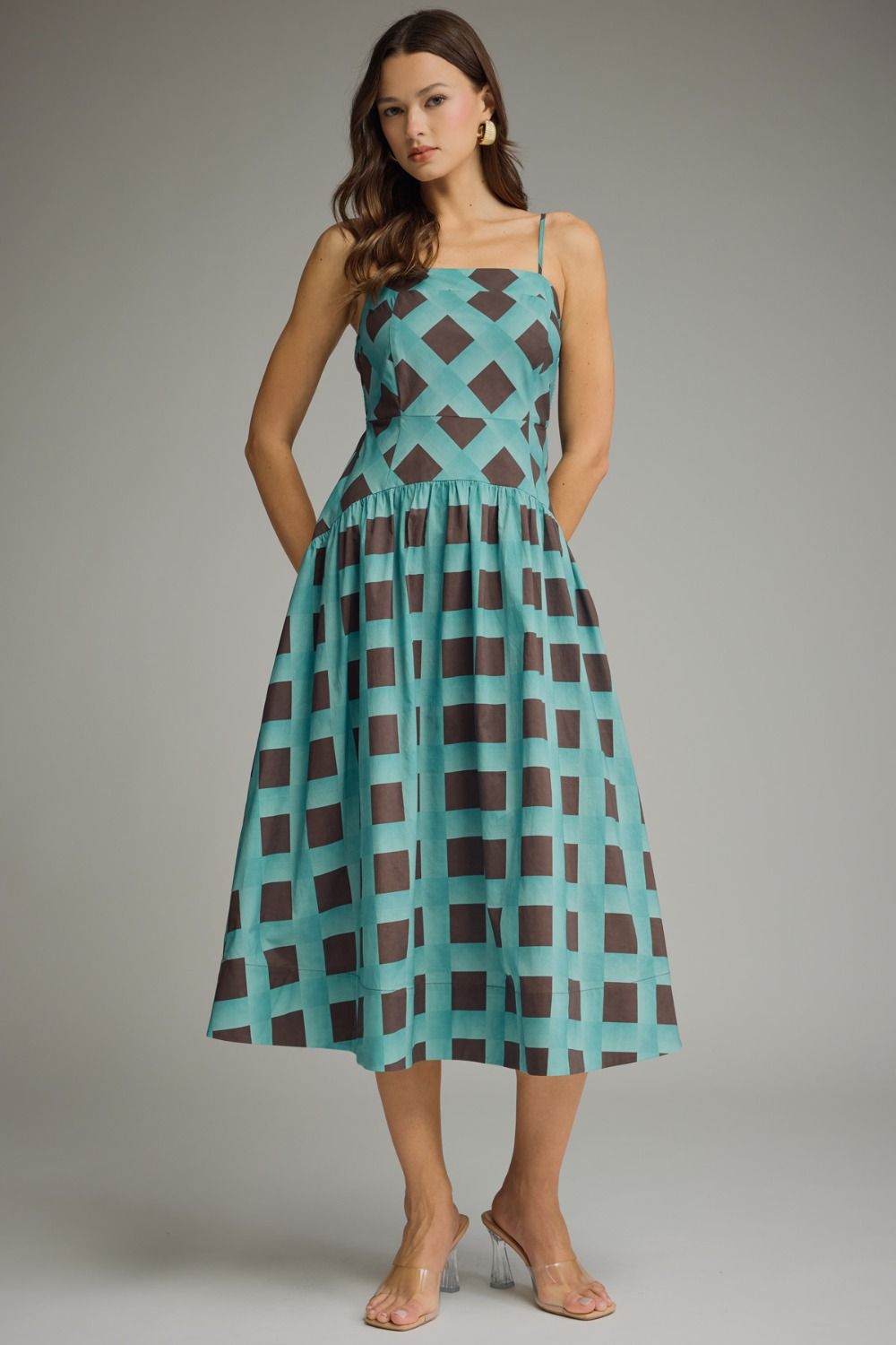 Check, Please Square Neck Fit & Flare Midi Dress with Adjustable Straps
