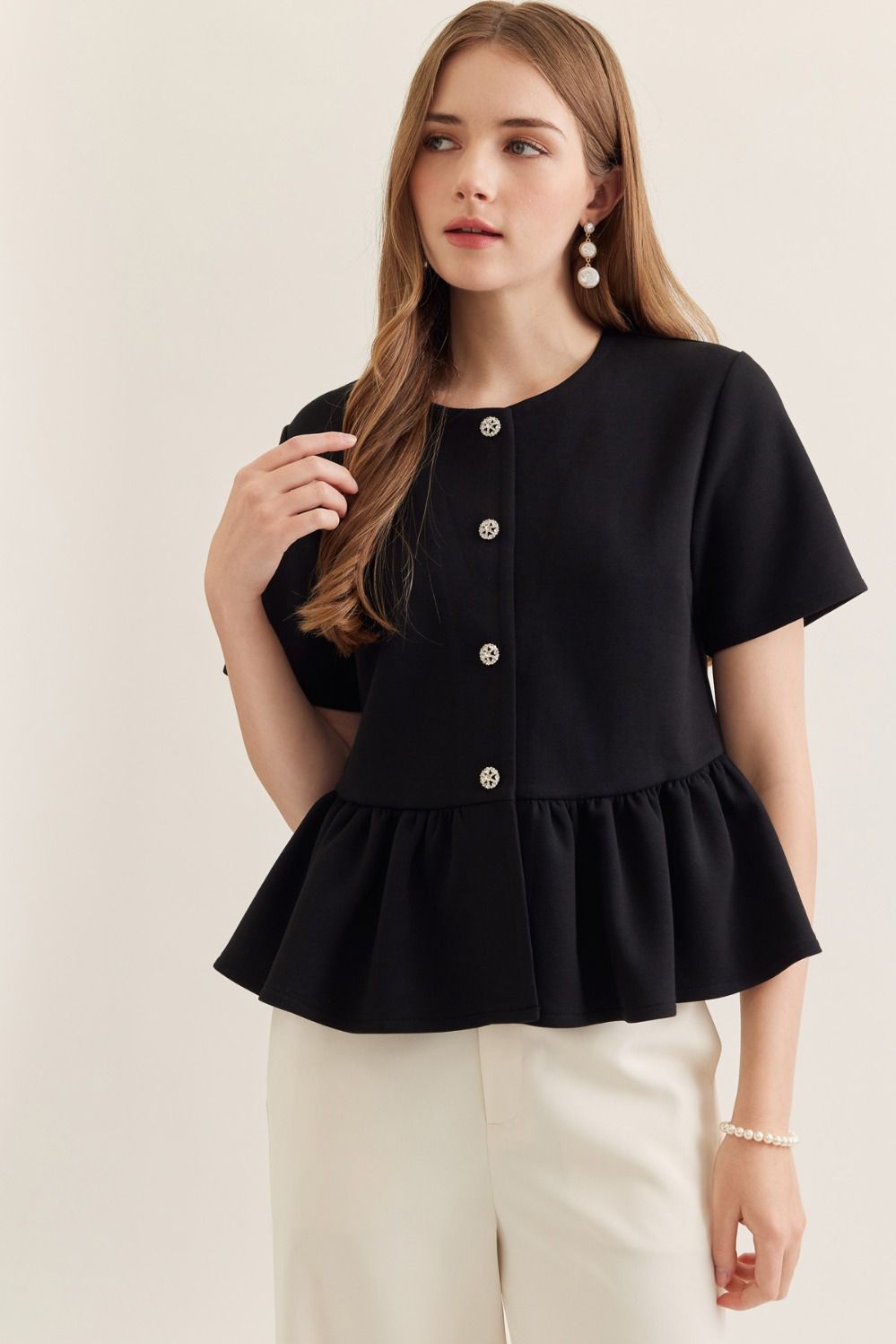 Tailored Charm Peplum Top with Button Front and Short Sleeves