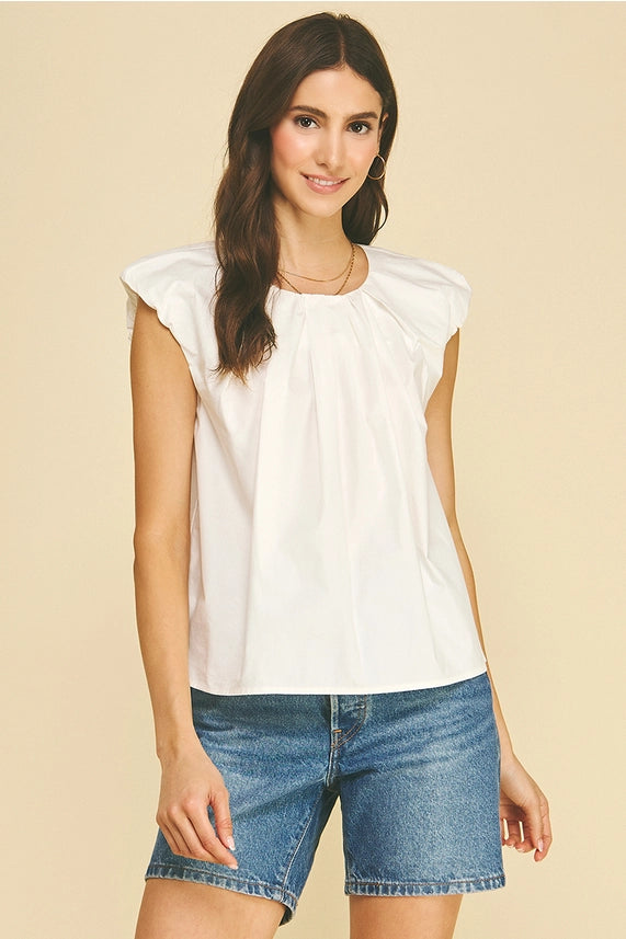 Clean Girl White Flutter Sleeve Blouse with Gathered Neckline