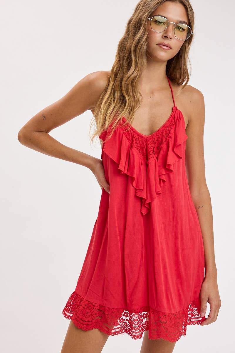 Flirt Alert Ruffle Halter Mini Dress with Lace Trim