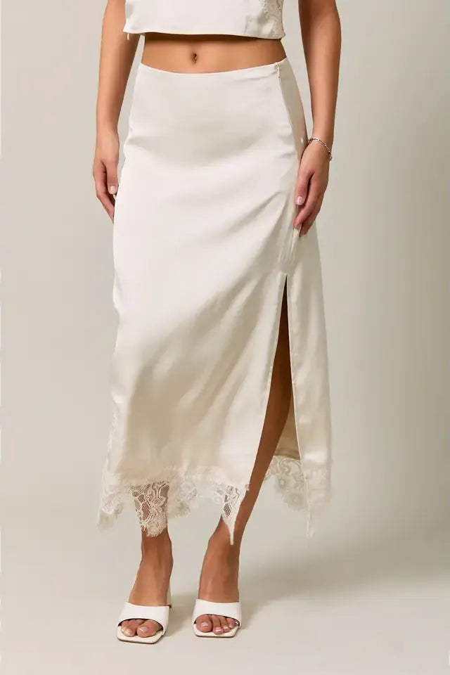 Champagne Lace Satin Midi Skirt with Lace Trim and Side Slit