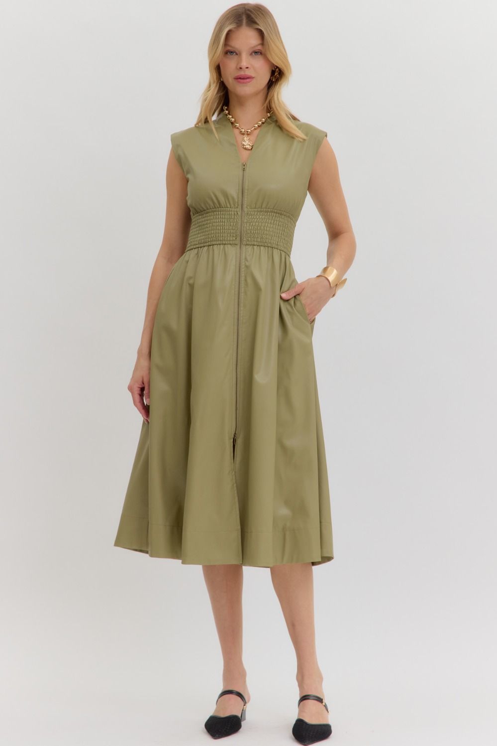 Olive Faux Leather Midi Dress