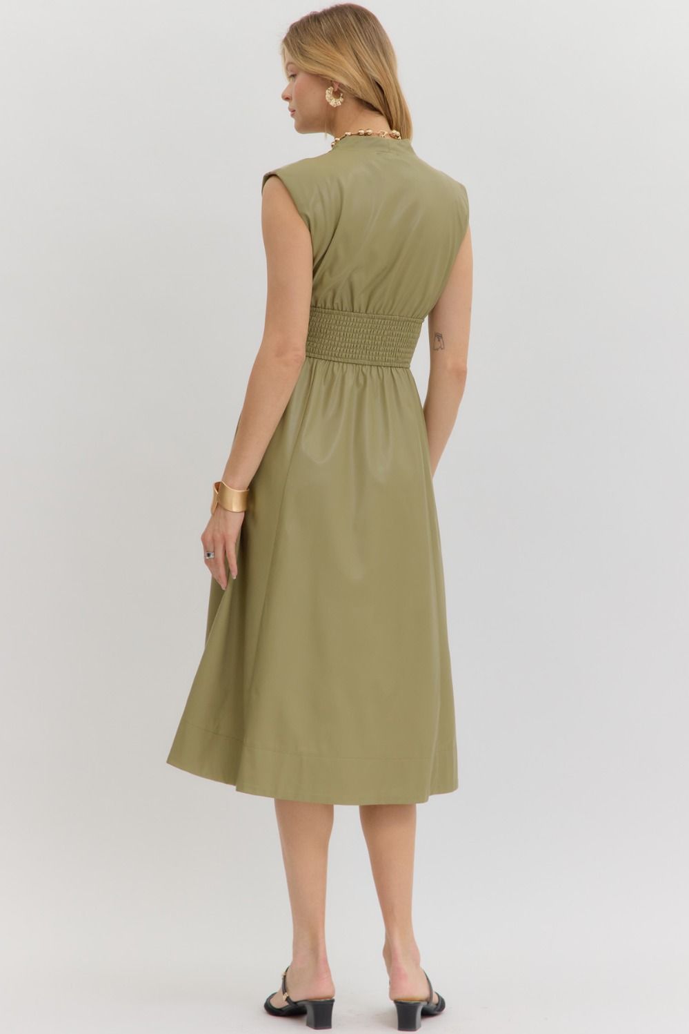 Olive Faux Leather Midi Dress