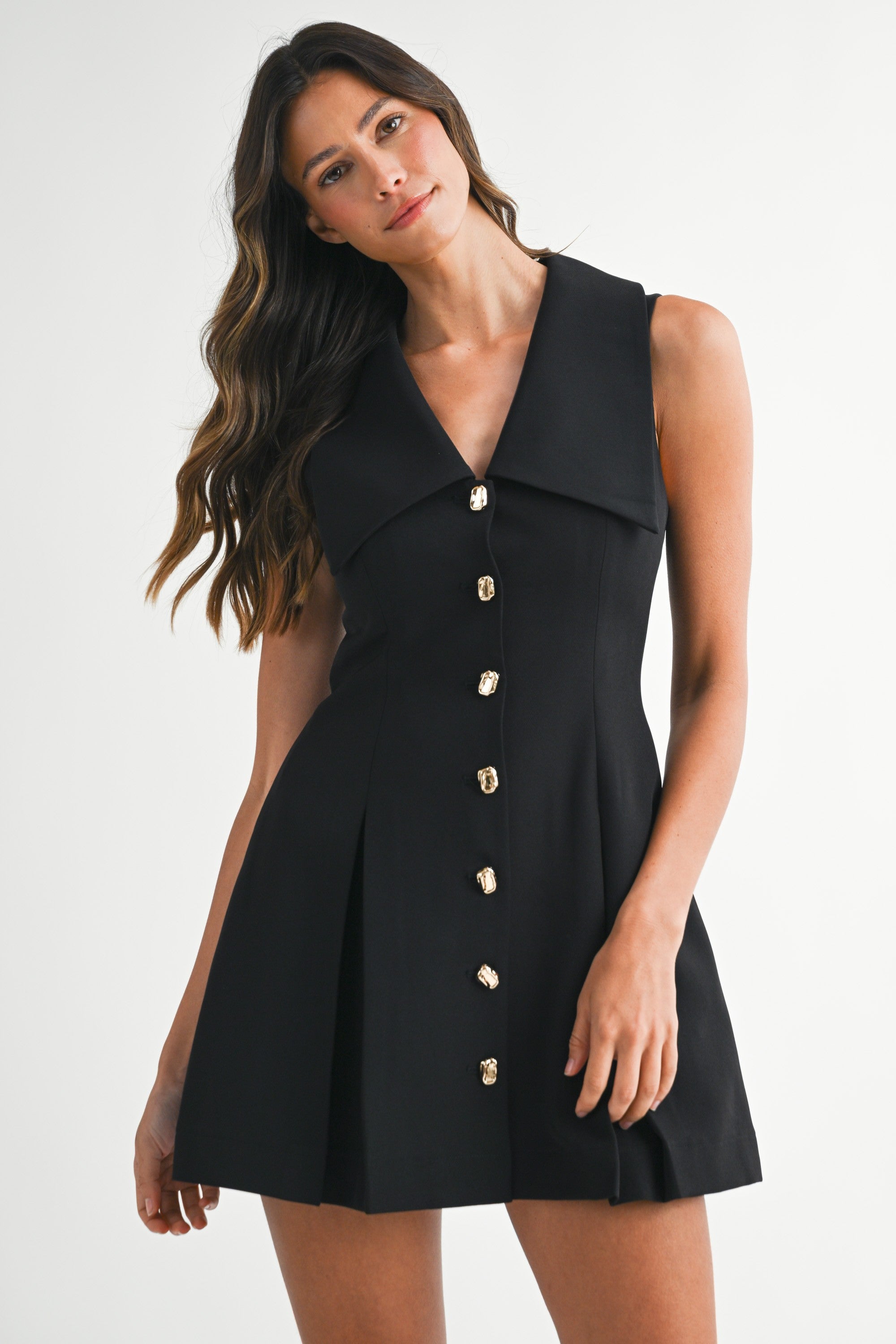 The Sutton Gold Button Mini Dress