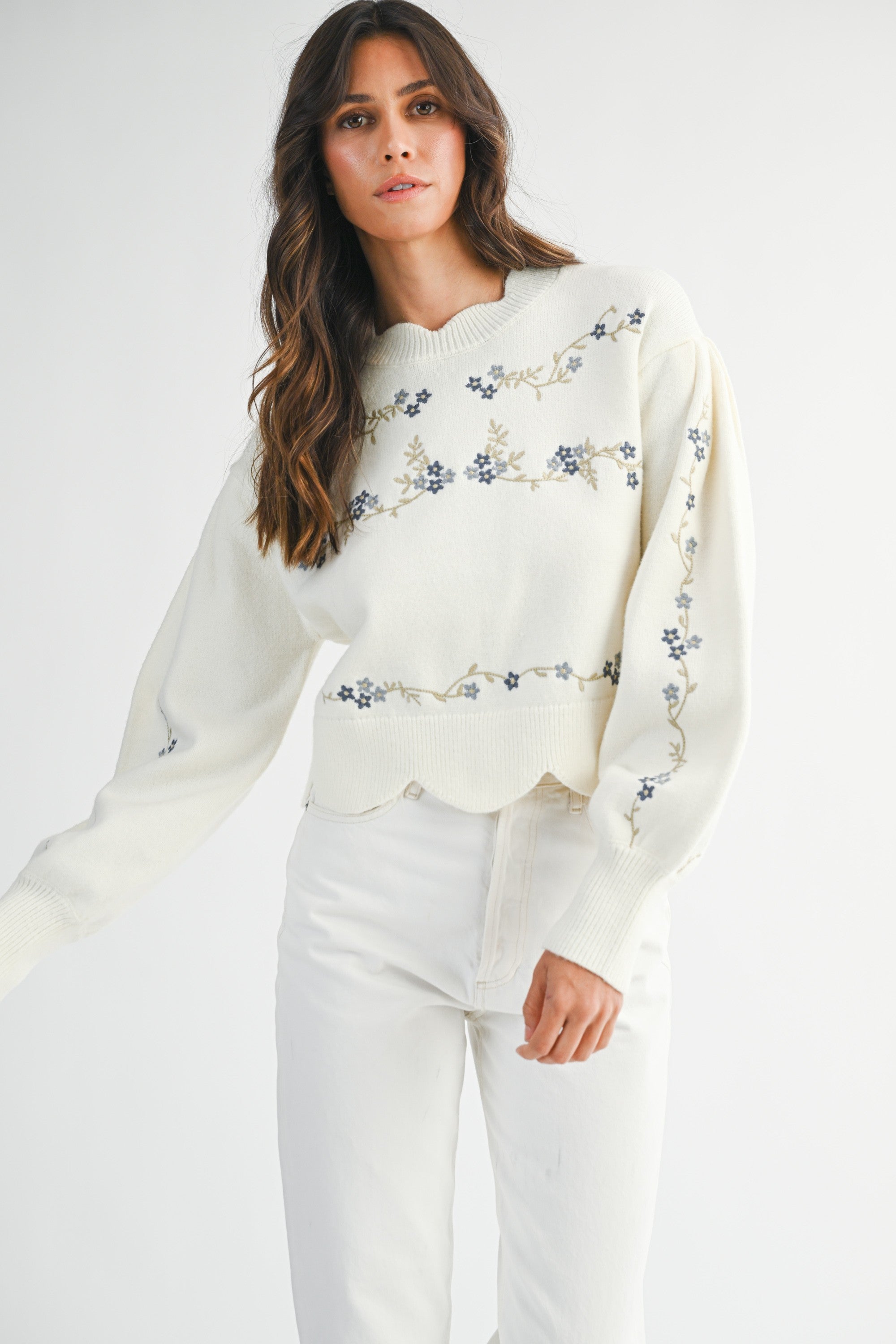Embroidered Scallop Detail Knit Sweater