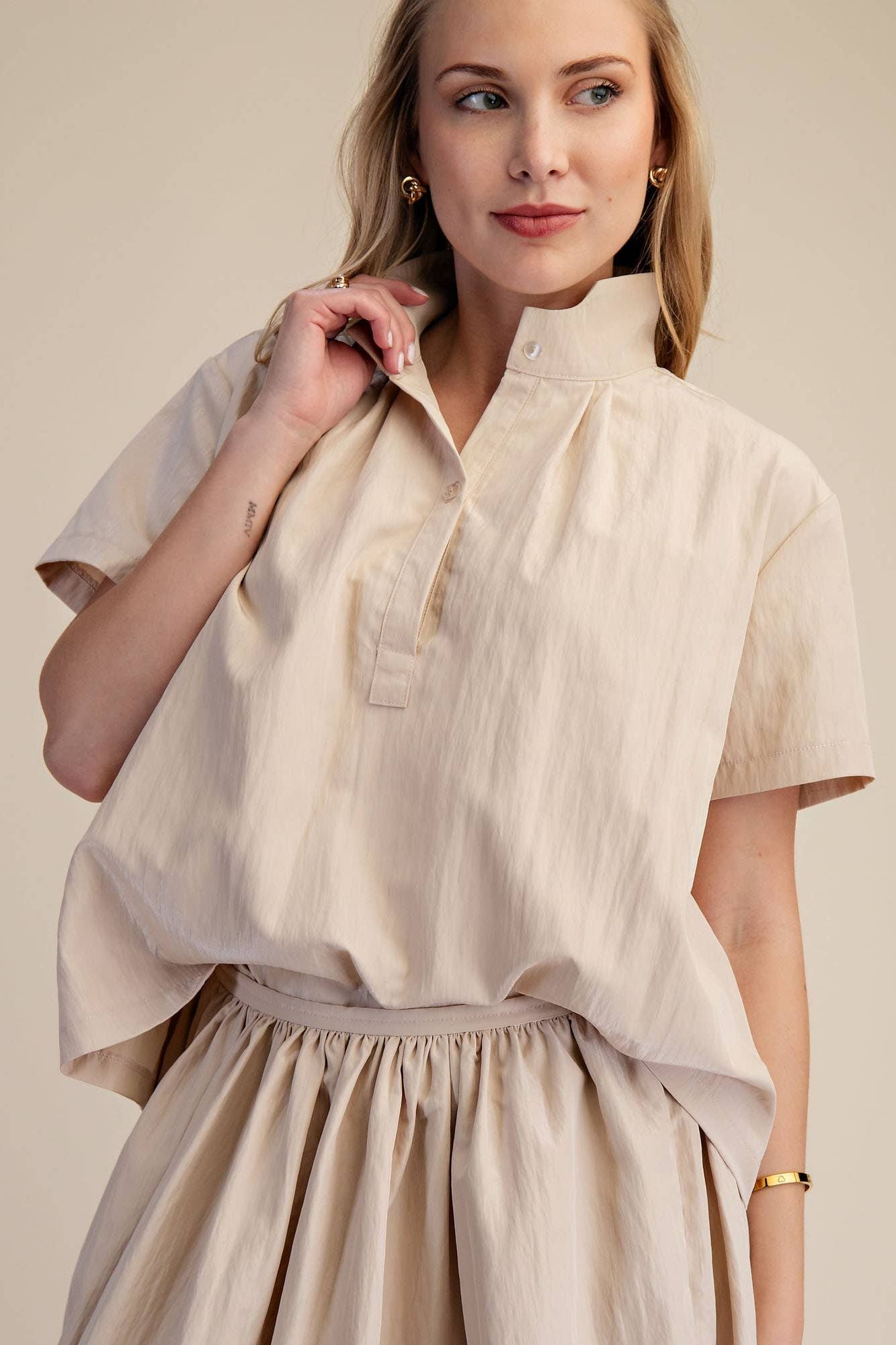 Refined Ease Short Sleeve Collared Blouse with Button Front and Relaxed Fit