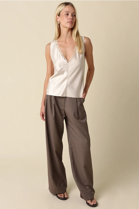 Soft Spoken Satin Lace Trim V-Neck Sleeveless Cami Tank Top