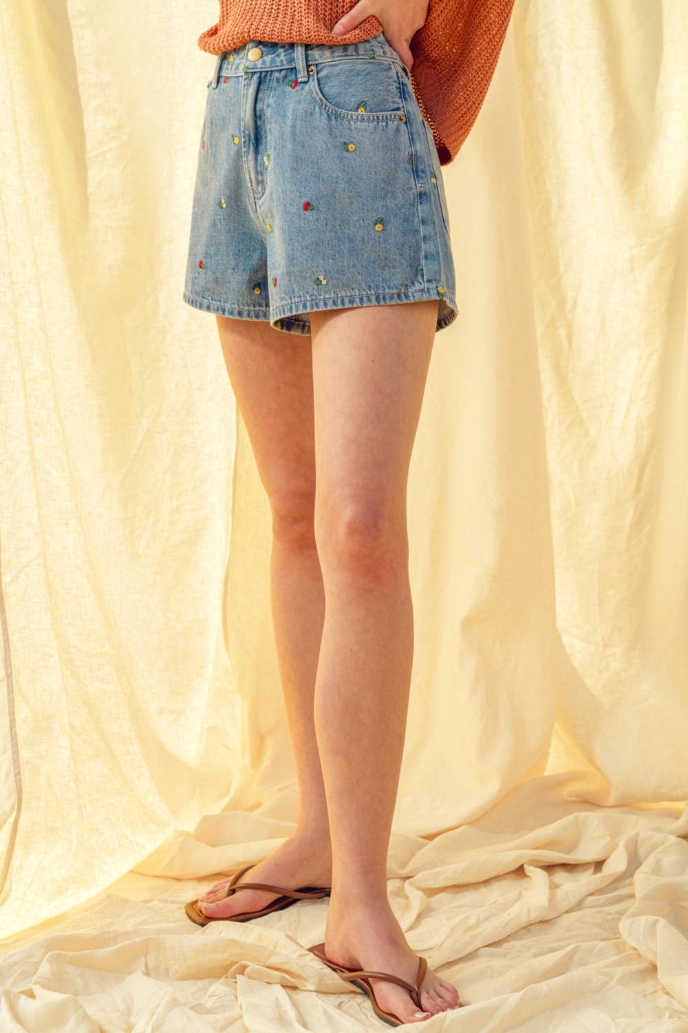 Summer Mood High Rise Embroidered Denim Shorts with Relaxed Fit