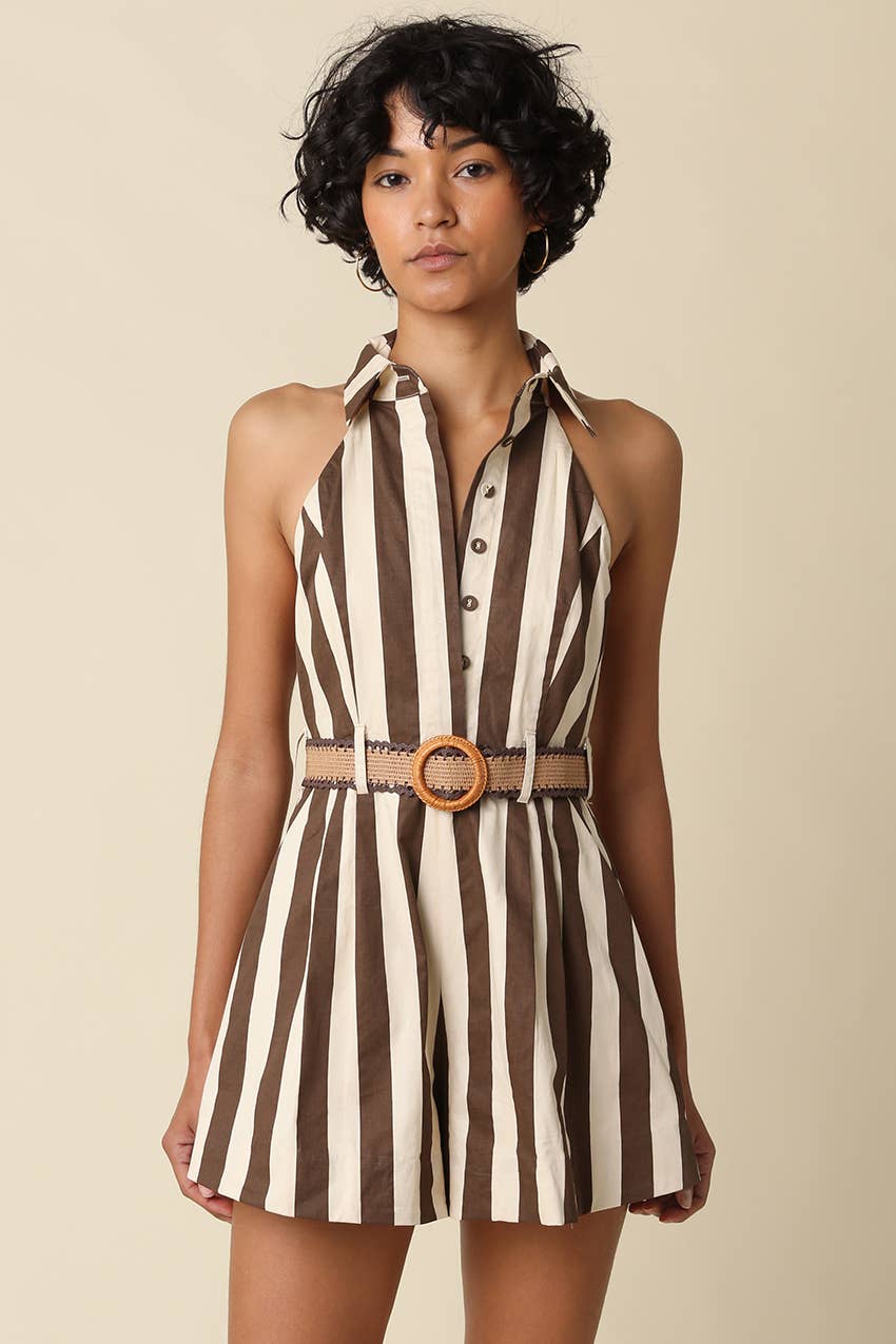 Vertical Vibes Striped Halter Collared Romper