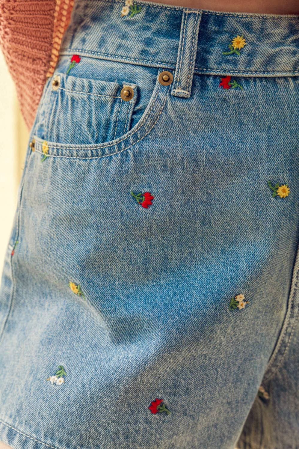 Summer Mood High Rise Embroidered Denim Shorts with Relaxed Fit