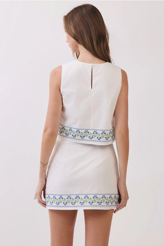 Bloom & Go White Sleeveless Top with Blue Floral Embroidered Trim