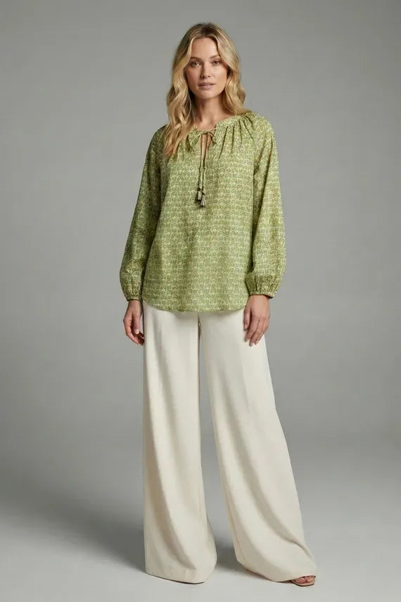 Sage & Sound Green Scalloped Print Tie-Neck Peasant Blouse with Tassel Detail