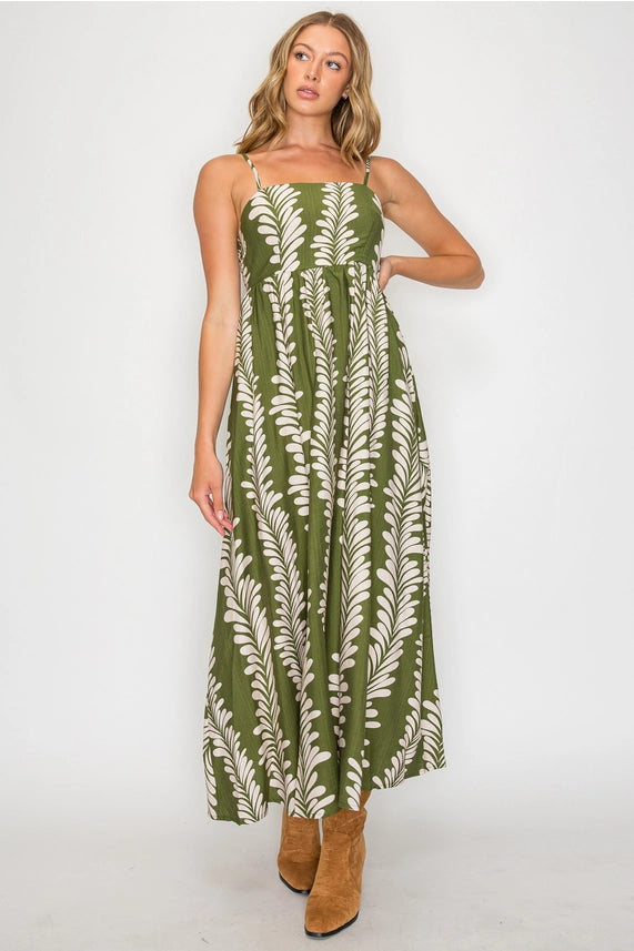 Leaf It to Chance Olive Green Leaf Print Smocked Maxi Dress with Spaghetti Straps
