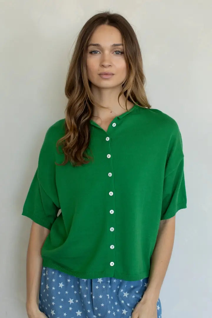 Matcha & Shopping Short Sleeve Knit Cardigan Sweater with Button Front