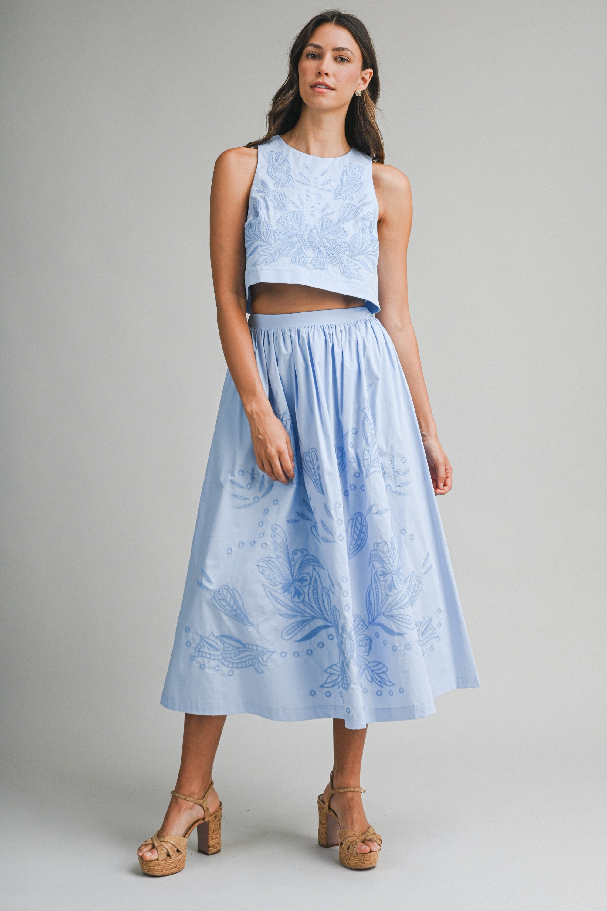 Refined Bloom Embroidered Crop Top and Midi Skirt Two Piece Set