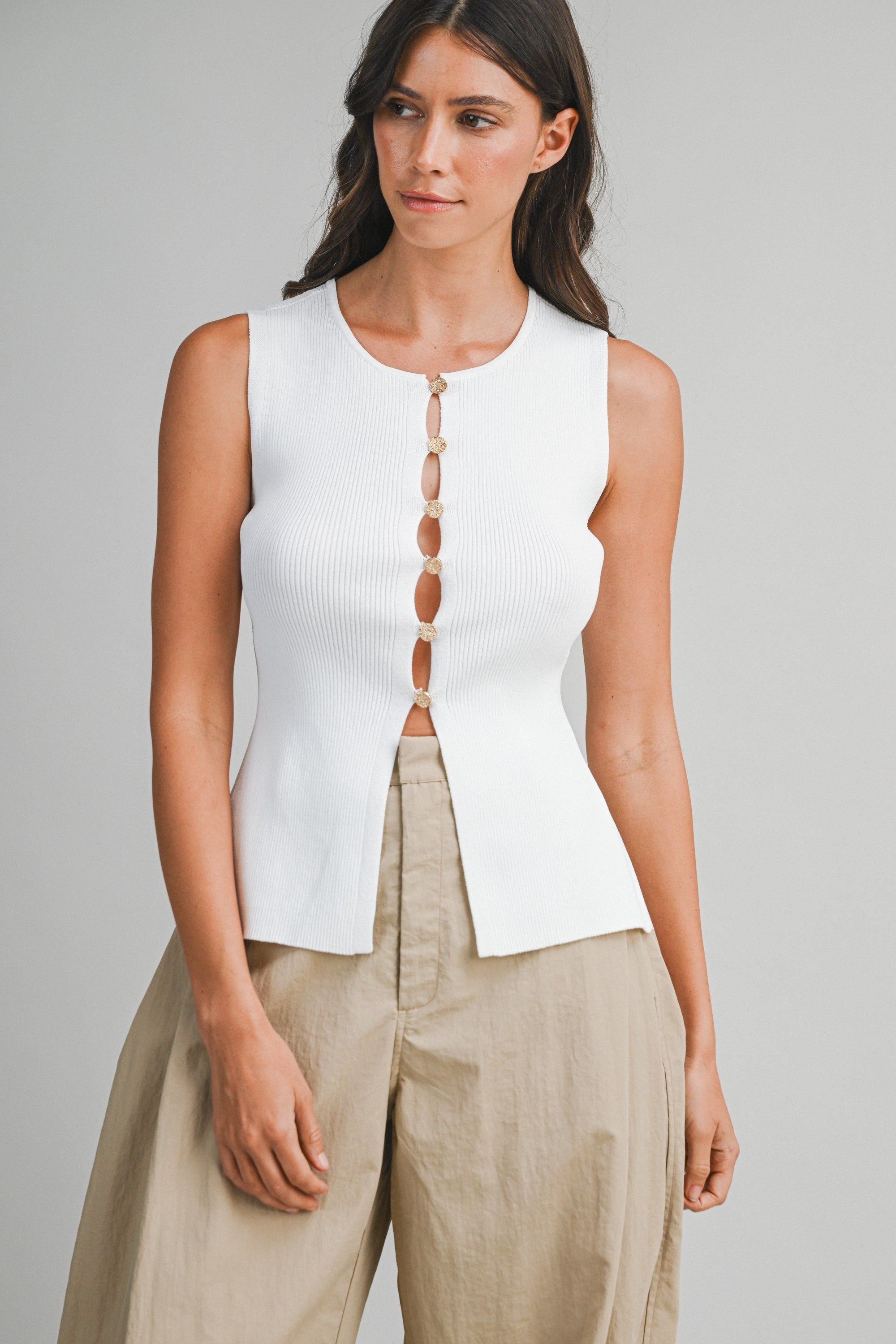 Carolyn Sleeveless Button Down Knit Top with Modern Cutout Detail
