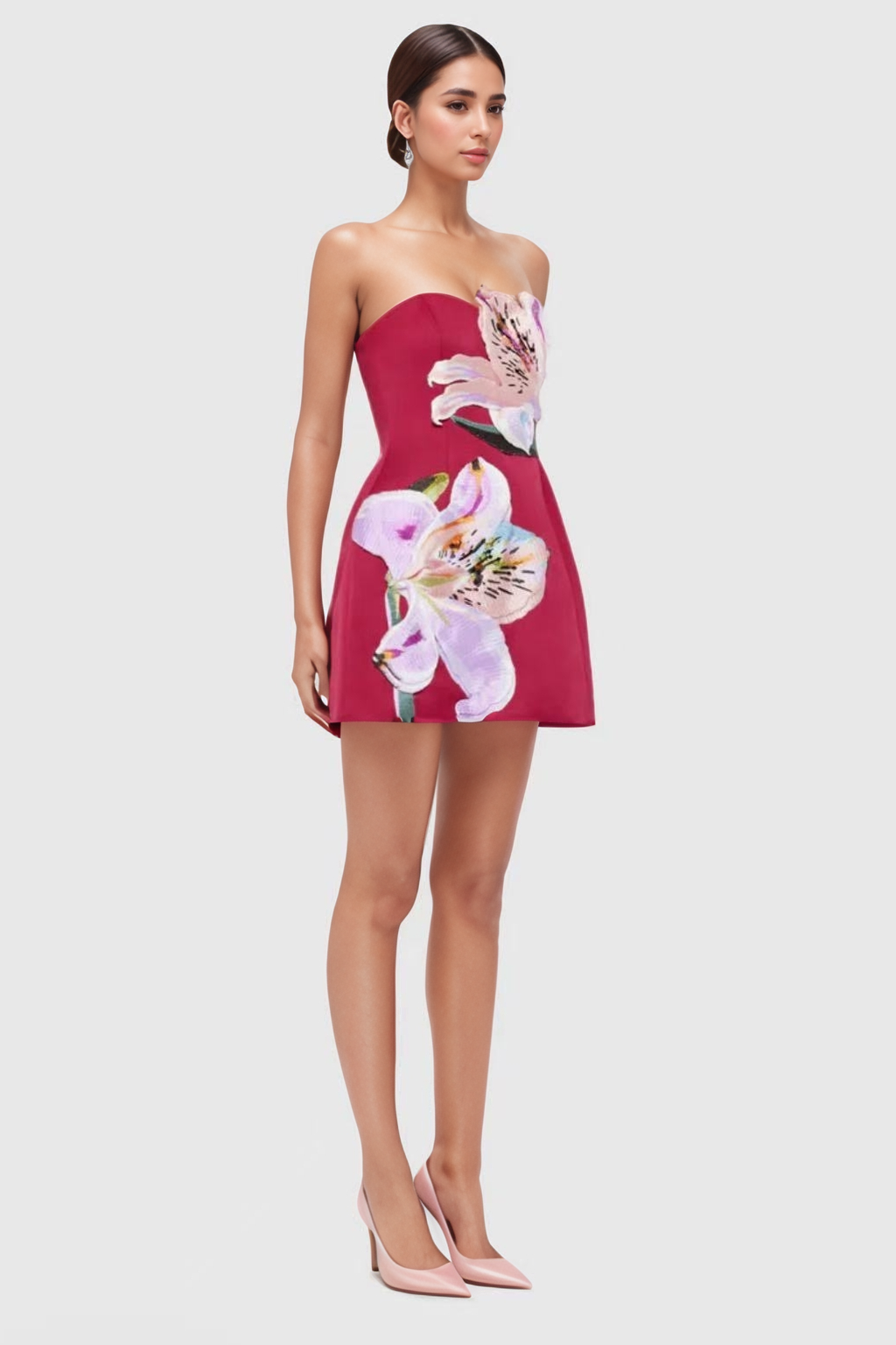 Berry Bold Floral Applique Strapless Mini Dress