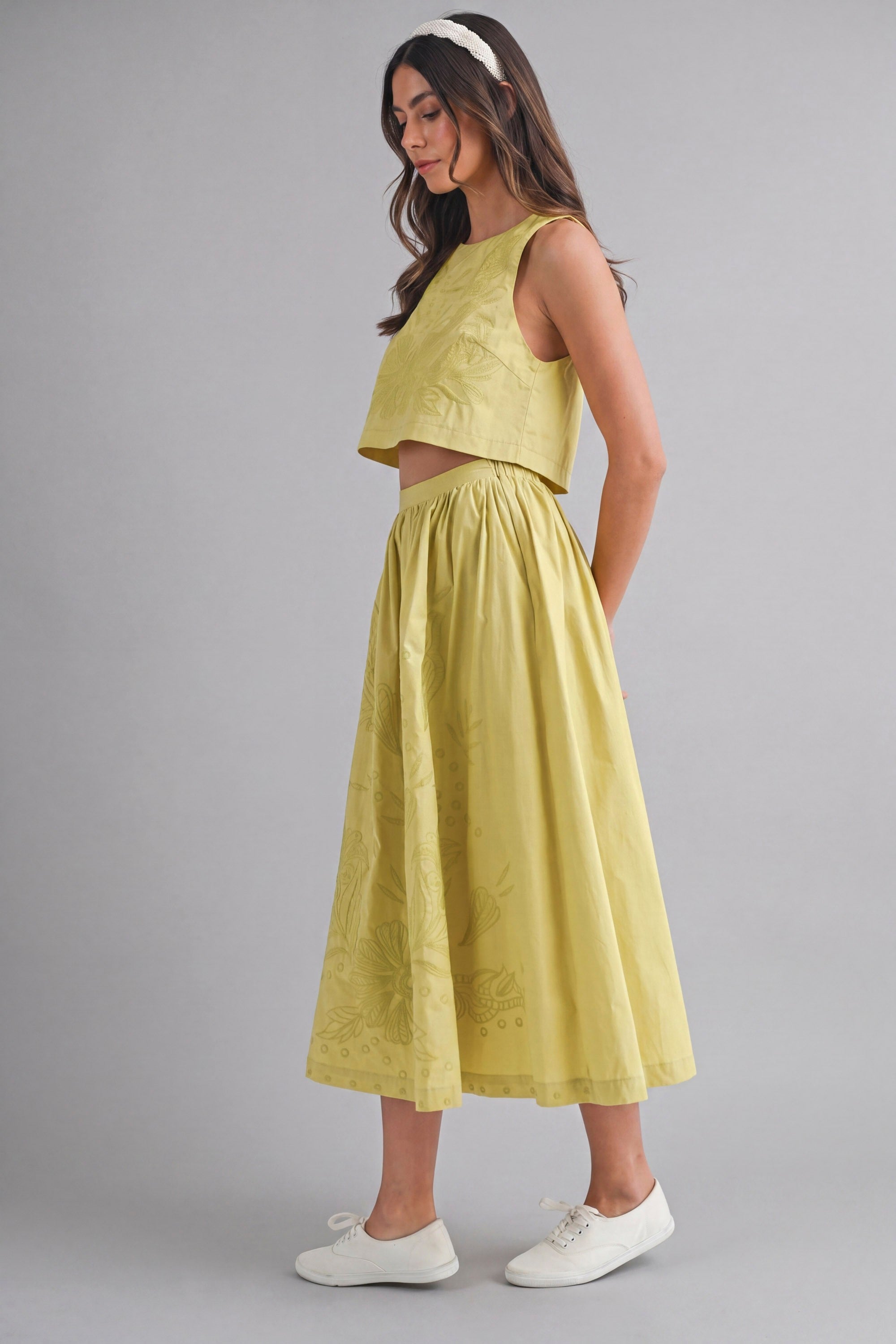 Refined Bloom Embroidered Crop Top and Midi Skirt Two Piece Set