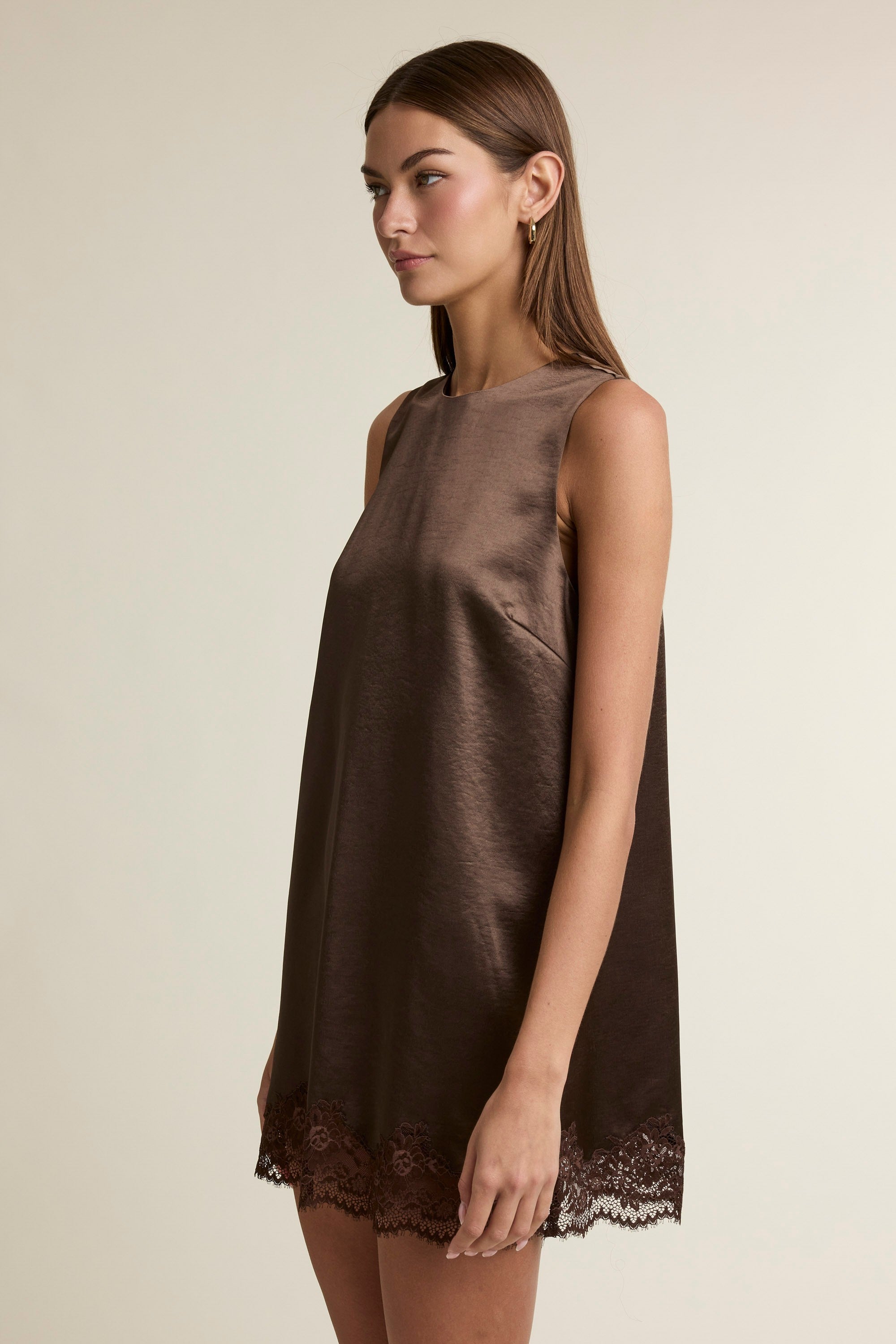 Satin & Sweet Satin Sleeveless Shift Mini Dress with Lace Hem