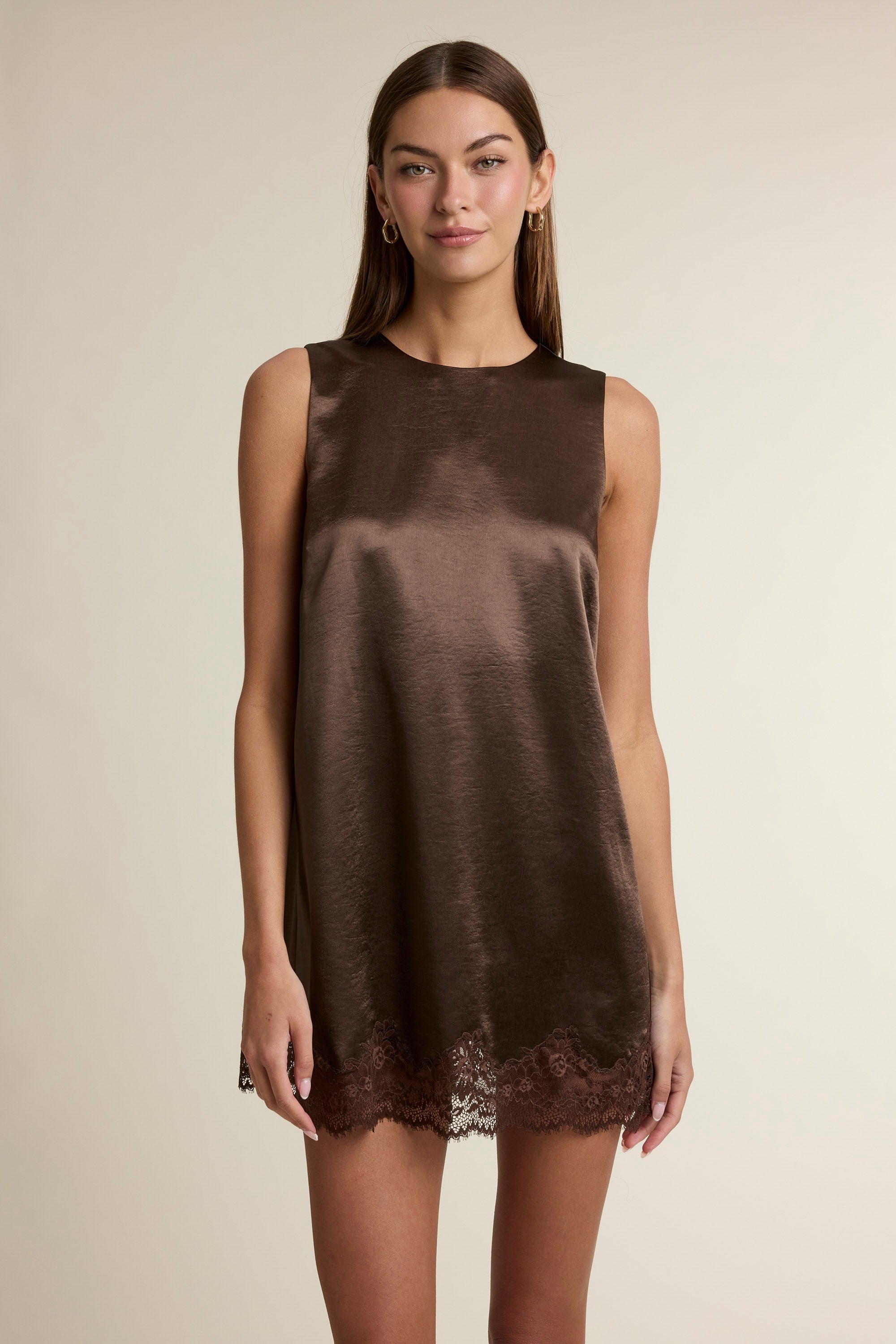 Satin & Sweet Satin Sleeveless Shift Mini Dress with Lace Hem