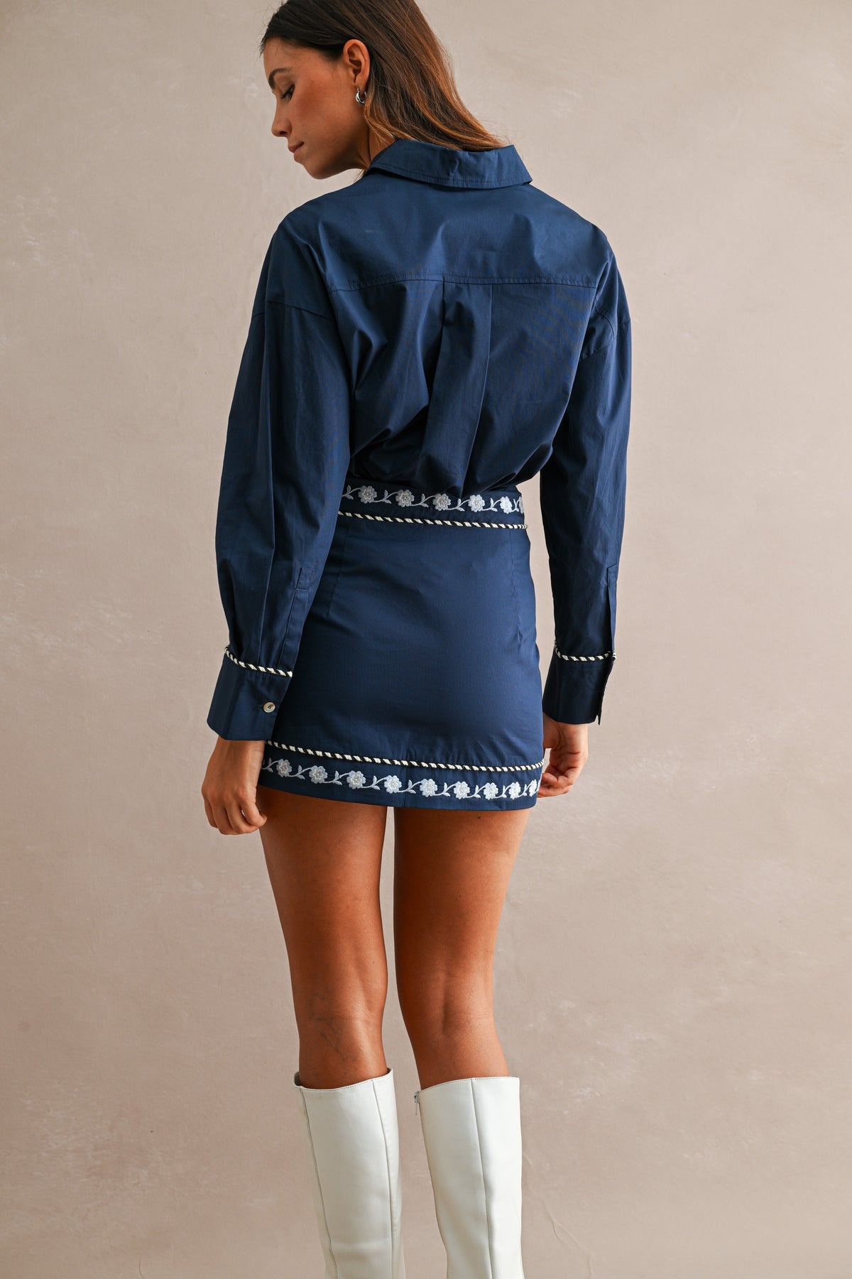 Stitched & Smitten Floral Embroidered Button-Up Shirt & Wrap Mini Skirt Set