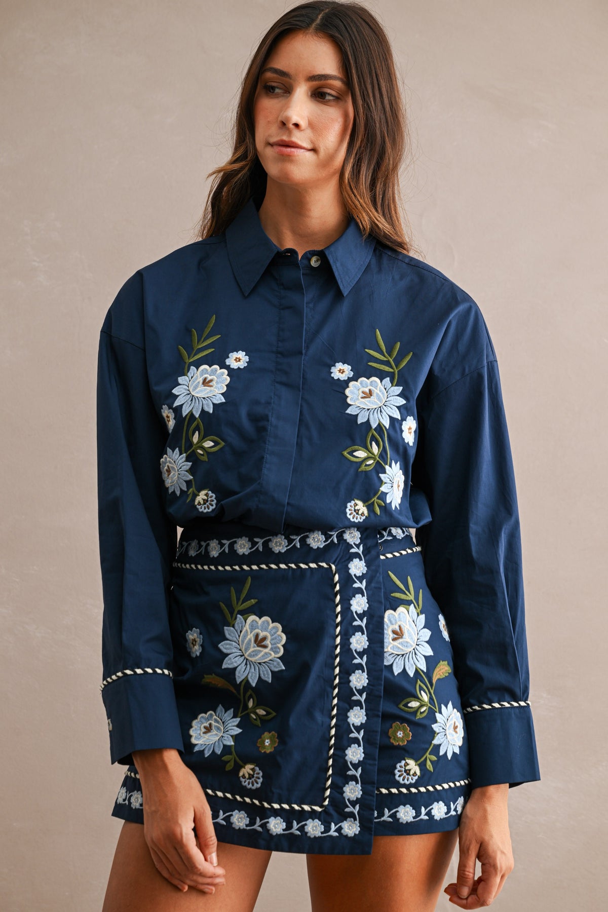 Stitched & Smitten Floral Embroidered Button-Up Shirt & Wrap Mini Skirt Set