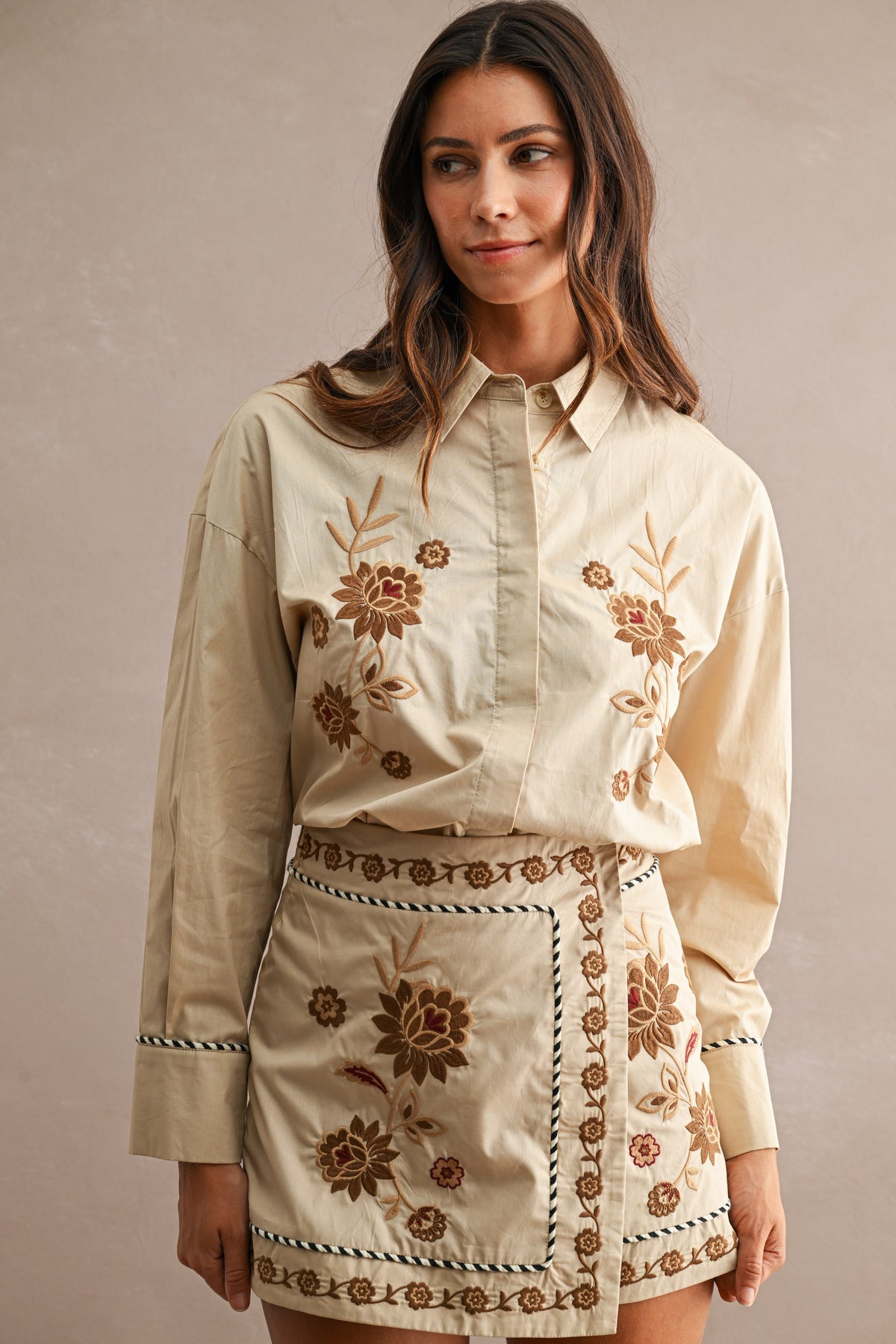 Stitched & Smitten Floral Embroidered Button-Up Shirt & Wrap Mini Skirt Set