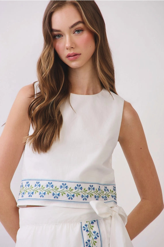 Bloom & Go White Sleeveless Top with Blue Floral Embroidered Trim