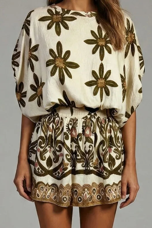 Golden Olive Cream Floral Print Top and Paisley Print Shorts Set