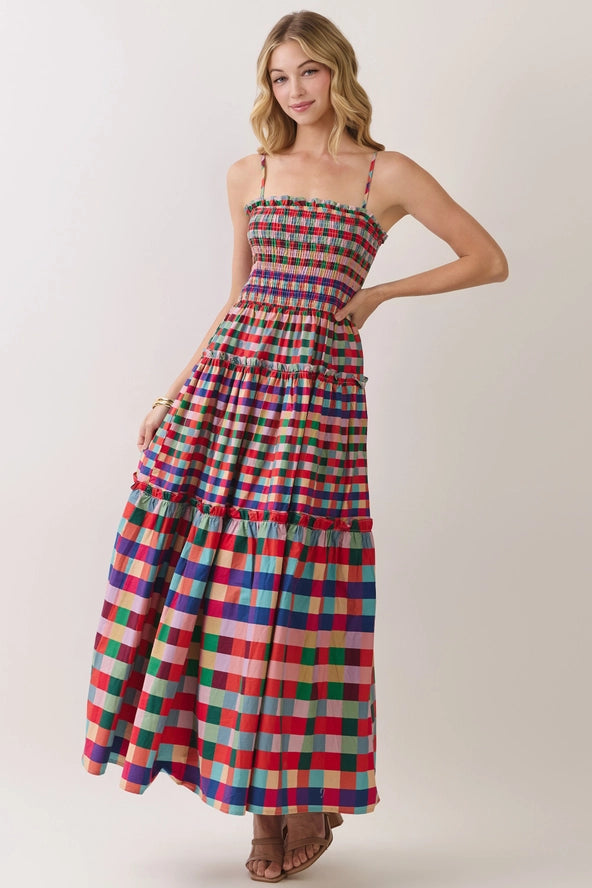 Checkmate Multicolor Plaid Check Tiered Maxi Dress