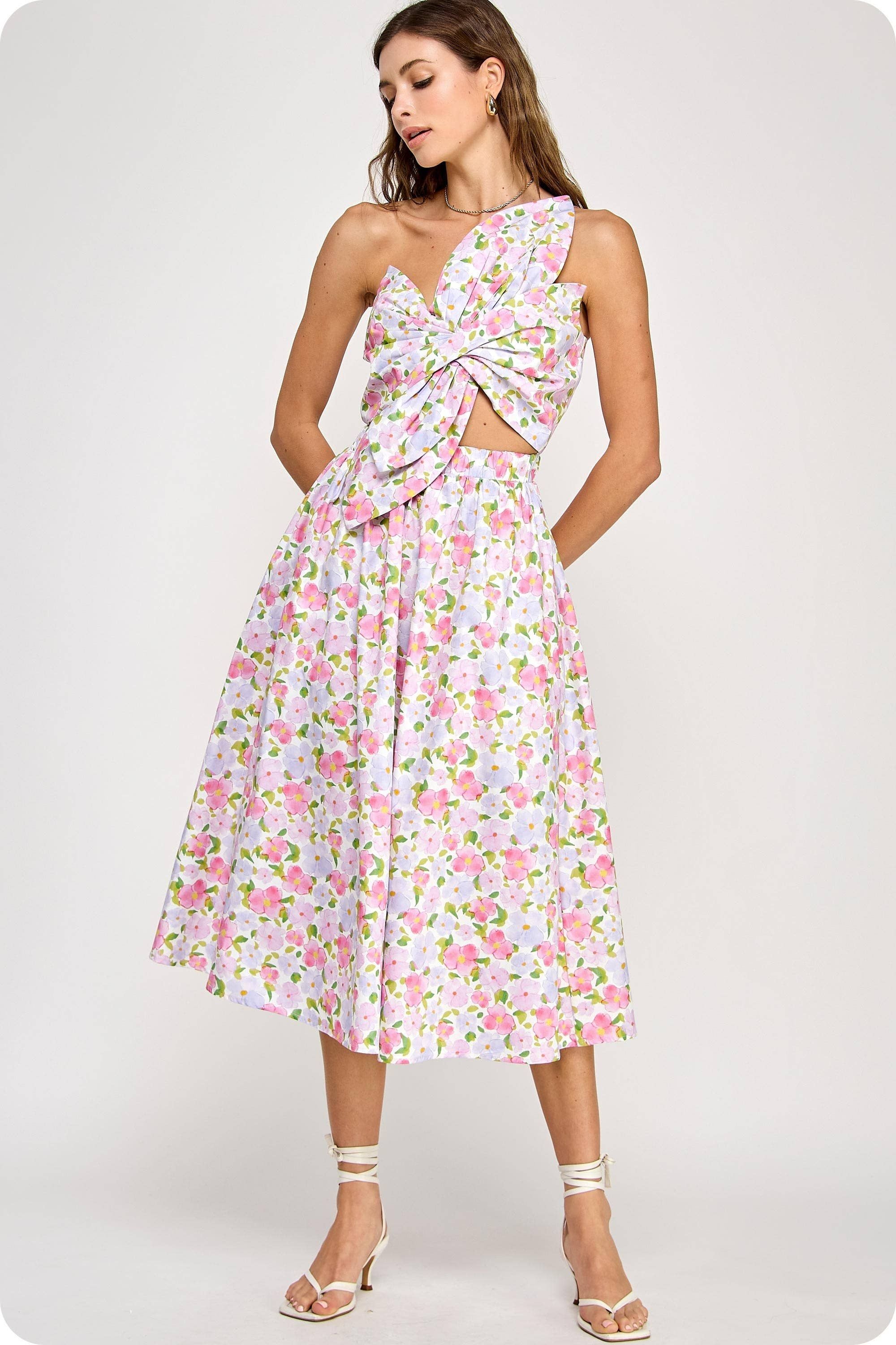 Knotted Flower Bow Floral Print Midi Dress