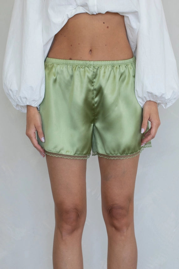 Satin Sweetheart Green Satin Lounge Shorts with Scalloped Trim Detail