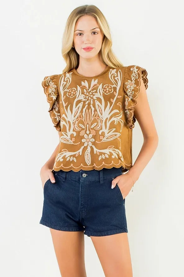 Stitch Perfect Floral Embroidered Ruffle Sleeve Top