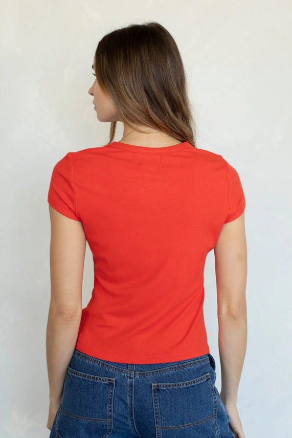 Girl Next Door Short Sleeve Button Front Fitted Top