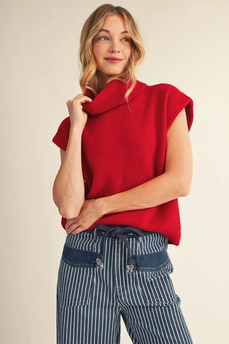 Soft Landing Mock Neck Knit Top with Cap Sleeves