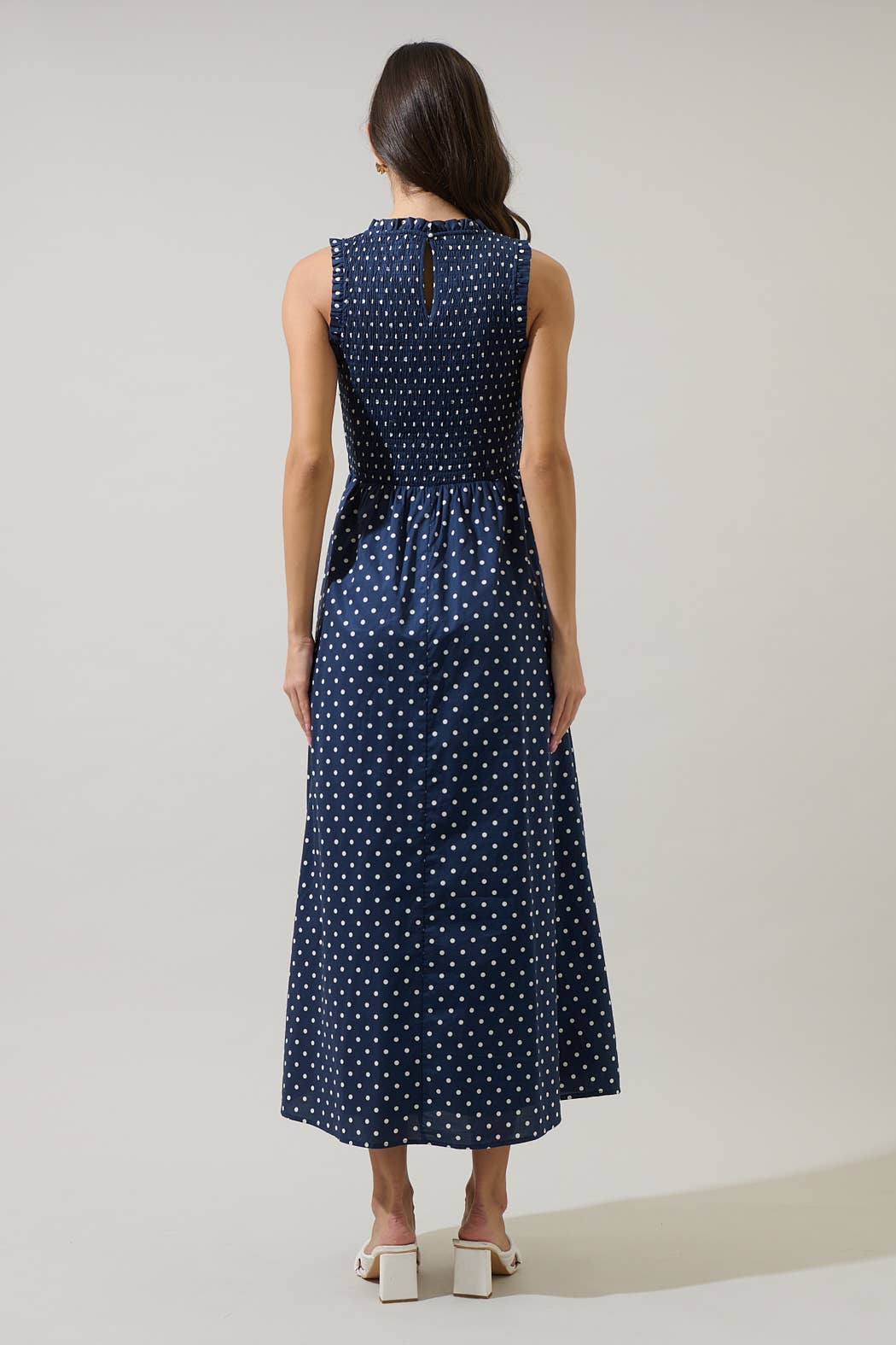 Too Pretty To Rush Navy Polka Dot Smocked Maxi Dress with Sleeveless Design