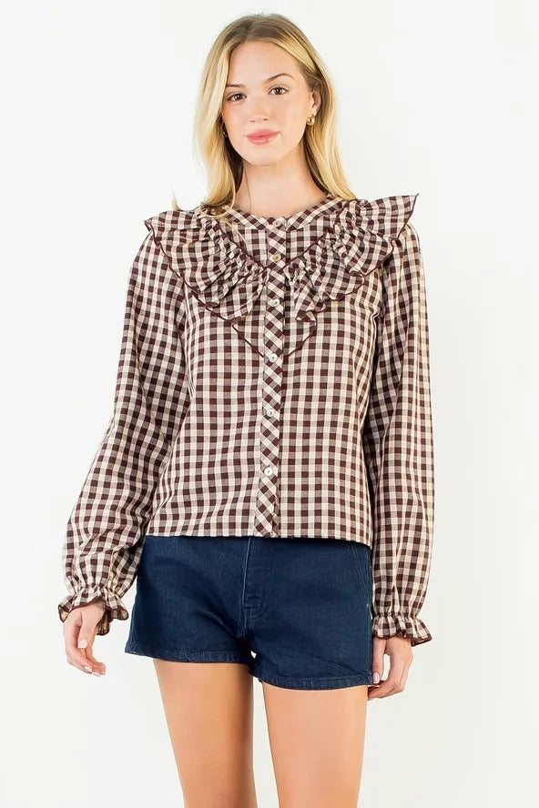 Check Mate Gingham Check Ruffle Blouse