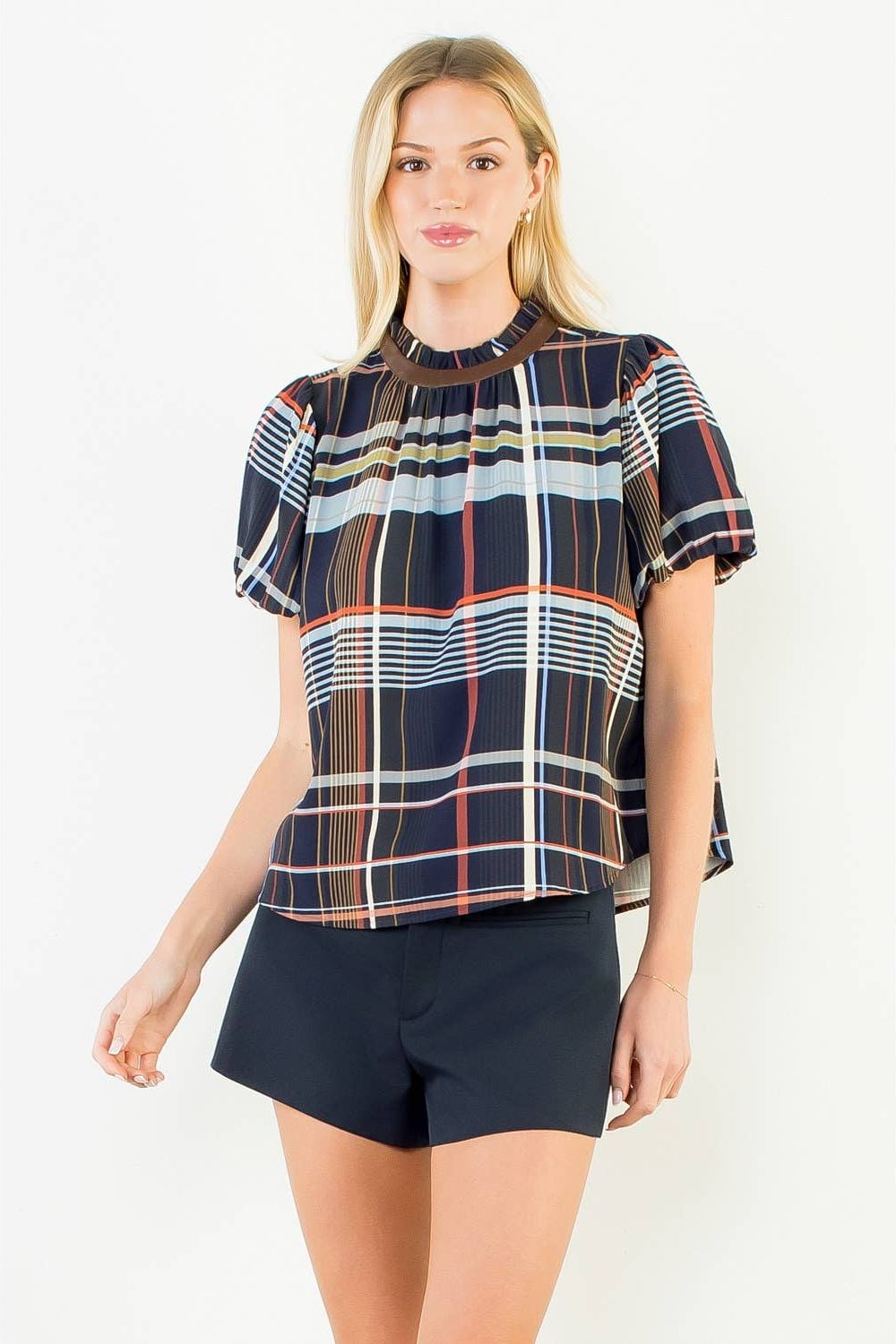 Plaid Palette Multicolor Plaid Mock Neck Blouse
