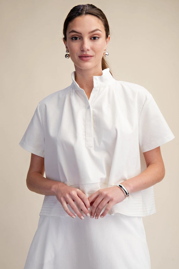 On My Way Women’s Blue Short Sleeve Collared Blouse with Pleated Hem