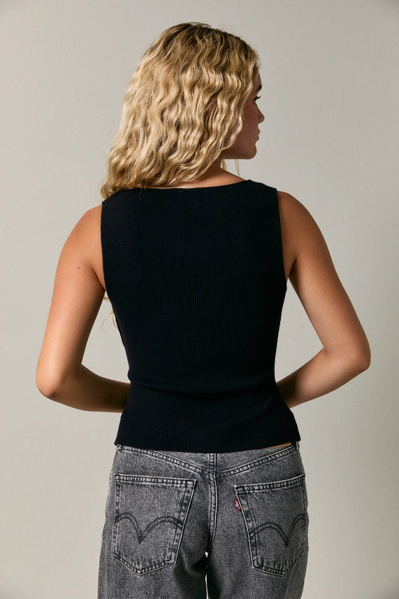 Worth the Hype Black Ribbed Knit Tank Top with Side Button Detail