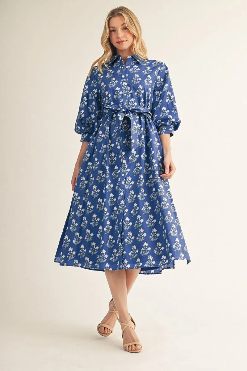 Blue Skies Ahead Floral Button Front Midi Dress