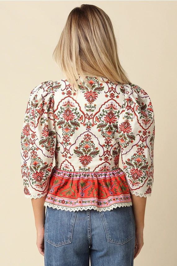 Print Charming Floral Border Print Button-Front Peplum Blouse