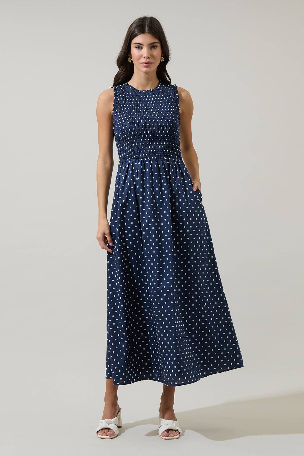 Too Pretty To Rush Navy Polka Dot Smocked Maxi Dress with Sleeveless Design