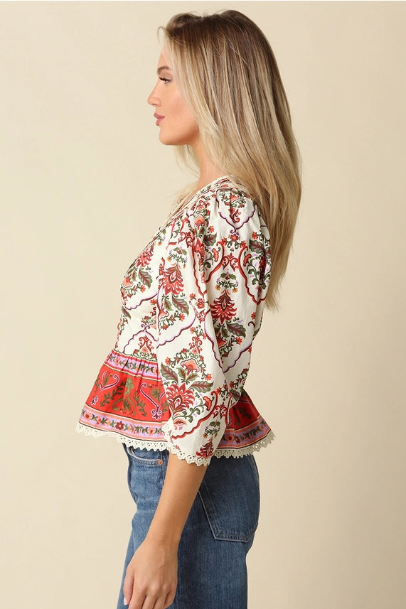Print Charming Floral Border Print Button-Front Peplum Blouse