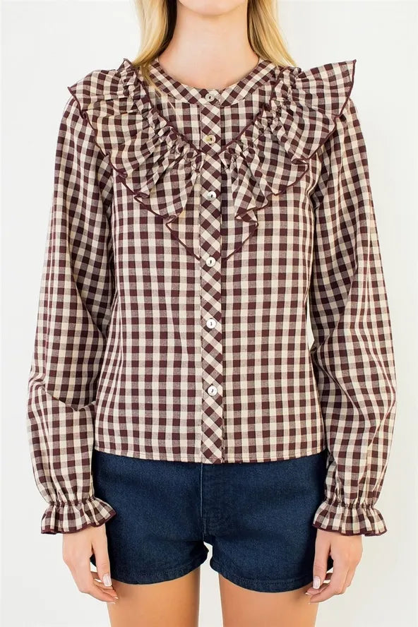 Check Mate Gingham Check Ruffle Blouse