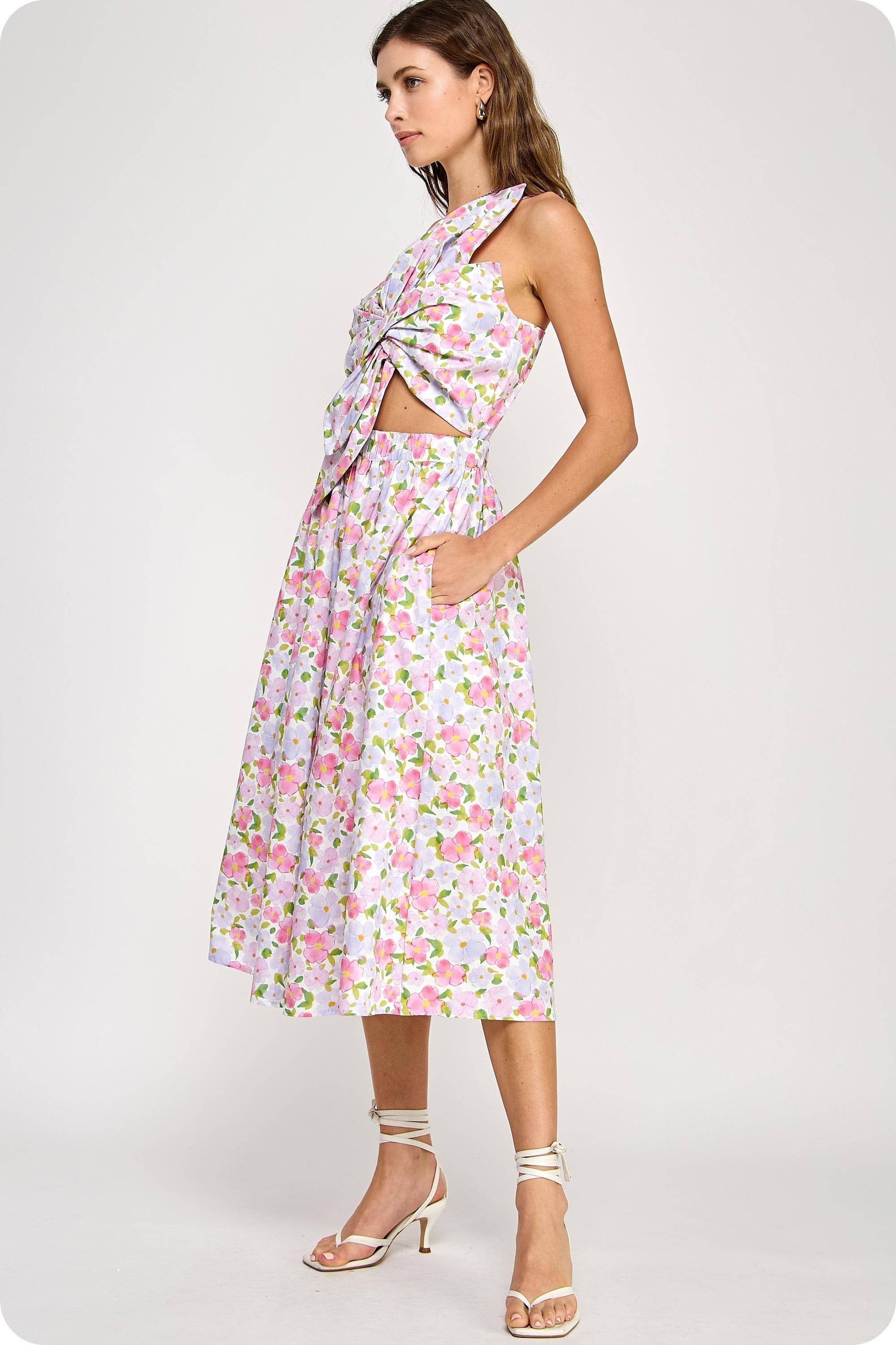 Knotted Flower Bow Floral Print Midi Dress